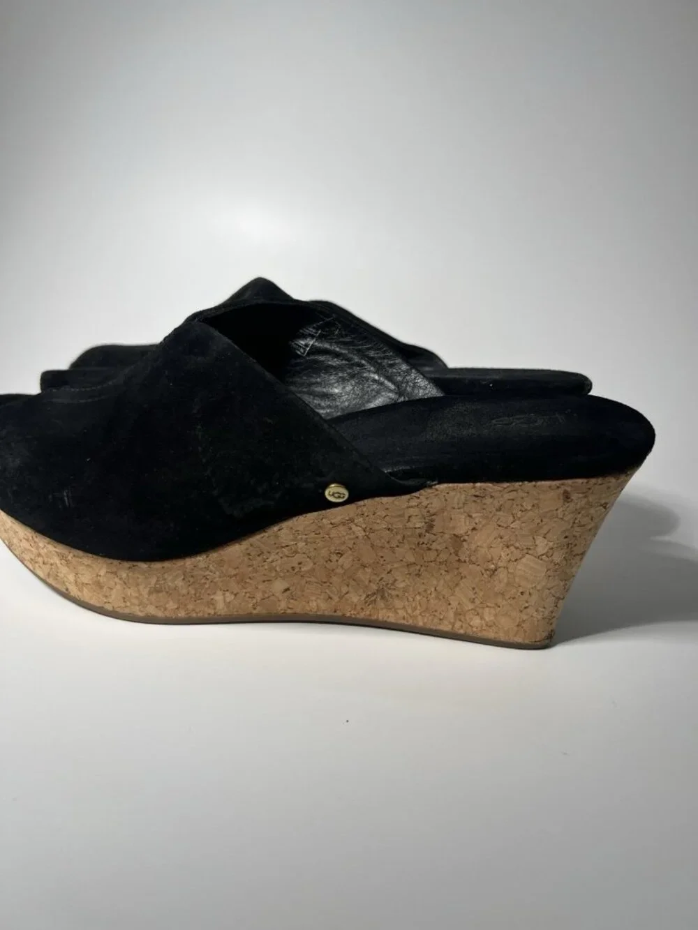 UGG Dominique Black Suede Cork Wedge Platform Slide Sandals Women’s 8.5